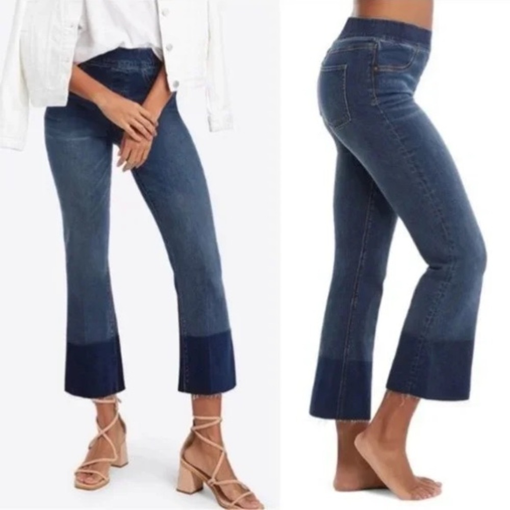 SPANX Cropped High Rise Flare Jeans Ombre Raw Hem Denim‎ Size M Ankle Casual